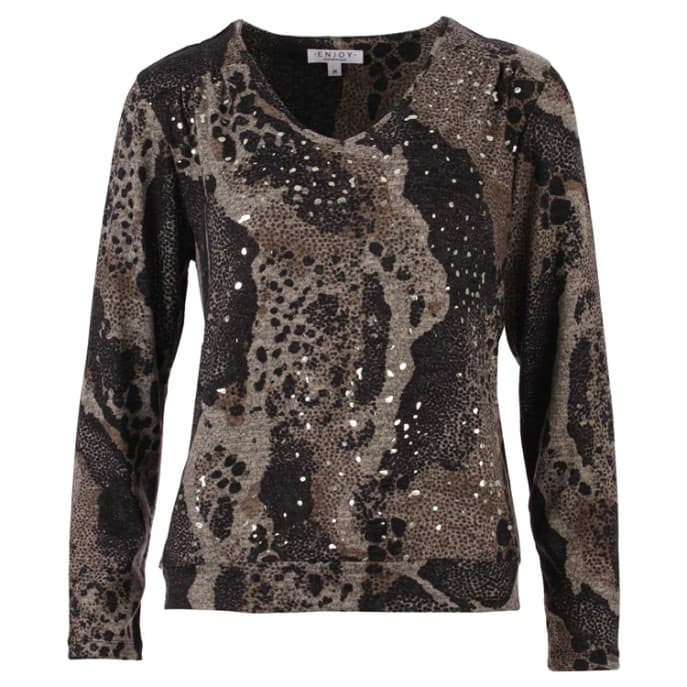 Enjoy Pullover vhals Taupe Zwart print Enjoy Pullover vhals Taupe Zwart print